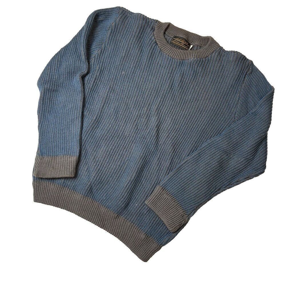 Vintage 60s 70s Eddie Bauer Wool Ribbed Knit Fisherman Sweater Sz M - Blue Grey